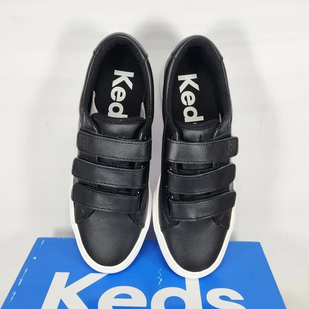 Keds Jump Kick V Sneakers Womens Size 5 Black Leather Triple Strap Low Top